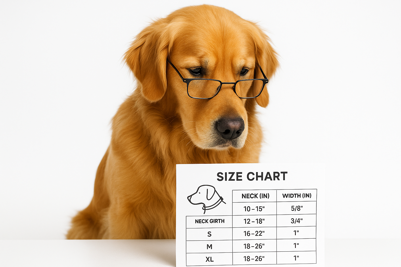 A super realistic image of a dog reading a chart  or size guide, white background