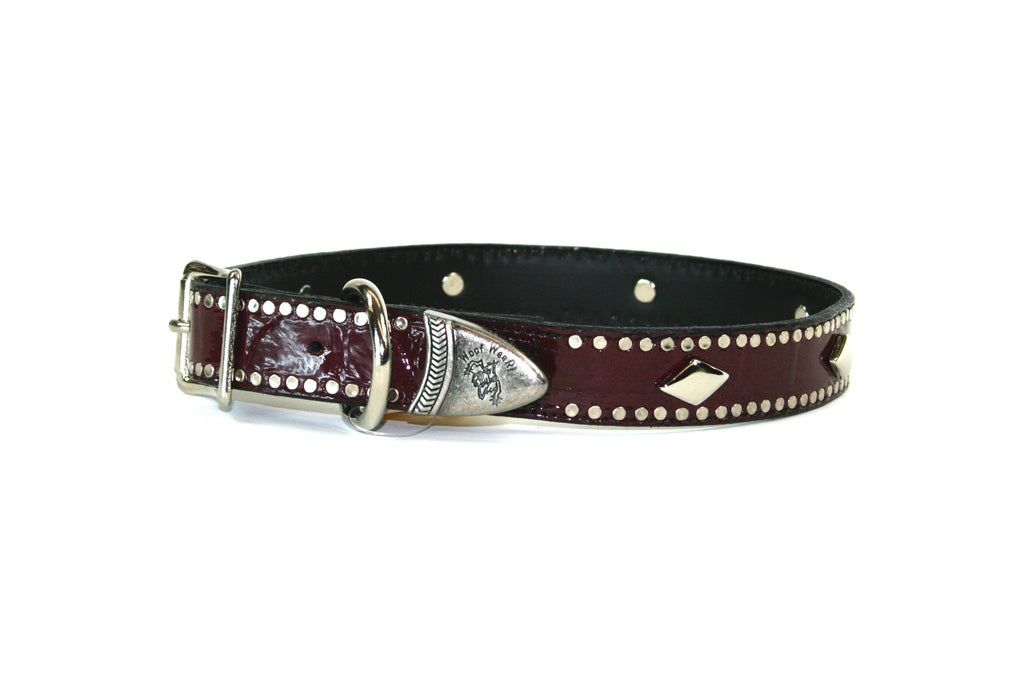 Burgundy leather collar with metal diamond stud design , Dog Collar - RockStarDogCollars