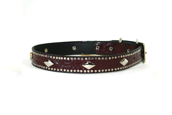 Burgundy leather collar with metal diamond stud design , Dog Collar - RockStarDogCollars