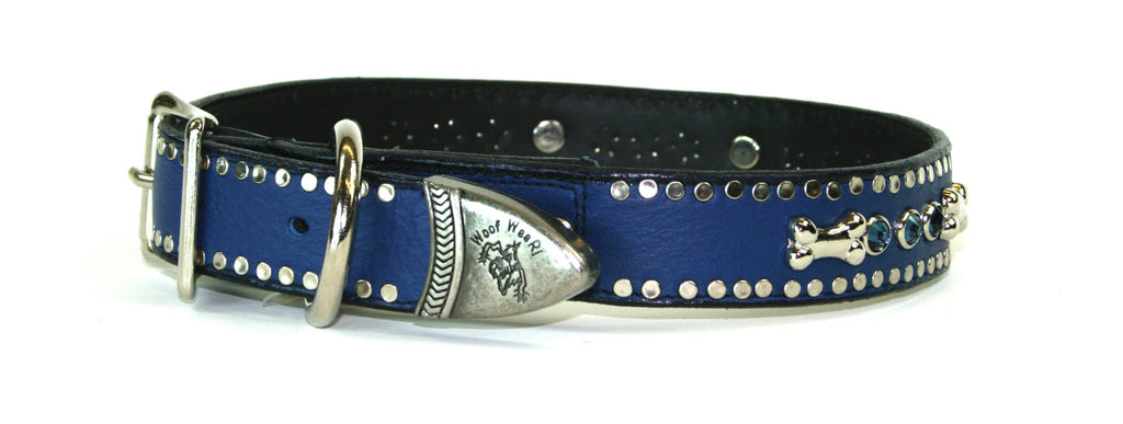 Blue leather with Bones and Crystals 3/4 Inch , Dog Collar - RockStarDogCollars