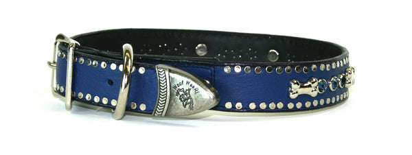 Blue leather with Bones and Crystals 1 Inch , Dog Collar - RockStarDogCollars