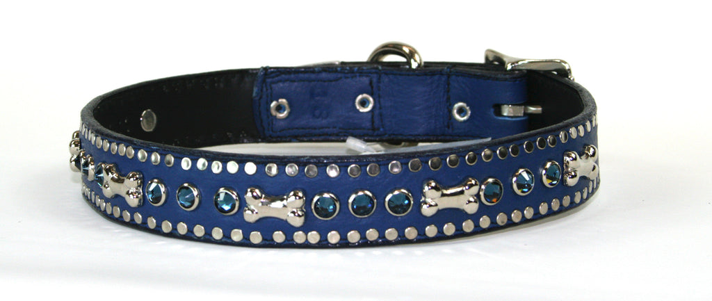 Blue leather with Bones and Crystals 1 Inch , Dog Collar - RockStarDogCollars