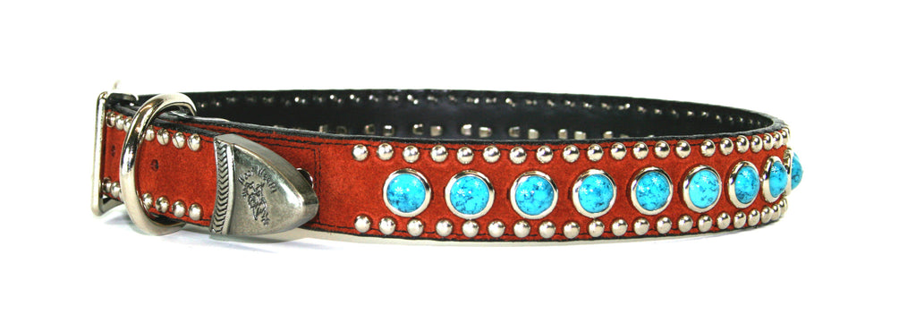 Rust Leather and Turquoise Stone 3/4 Inch Dog Collar , Dog Collar - RockStarDogCollars