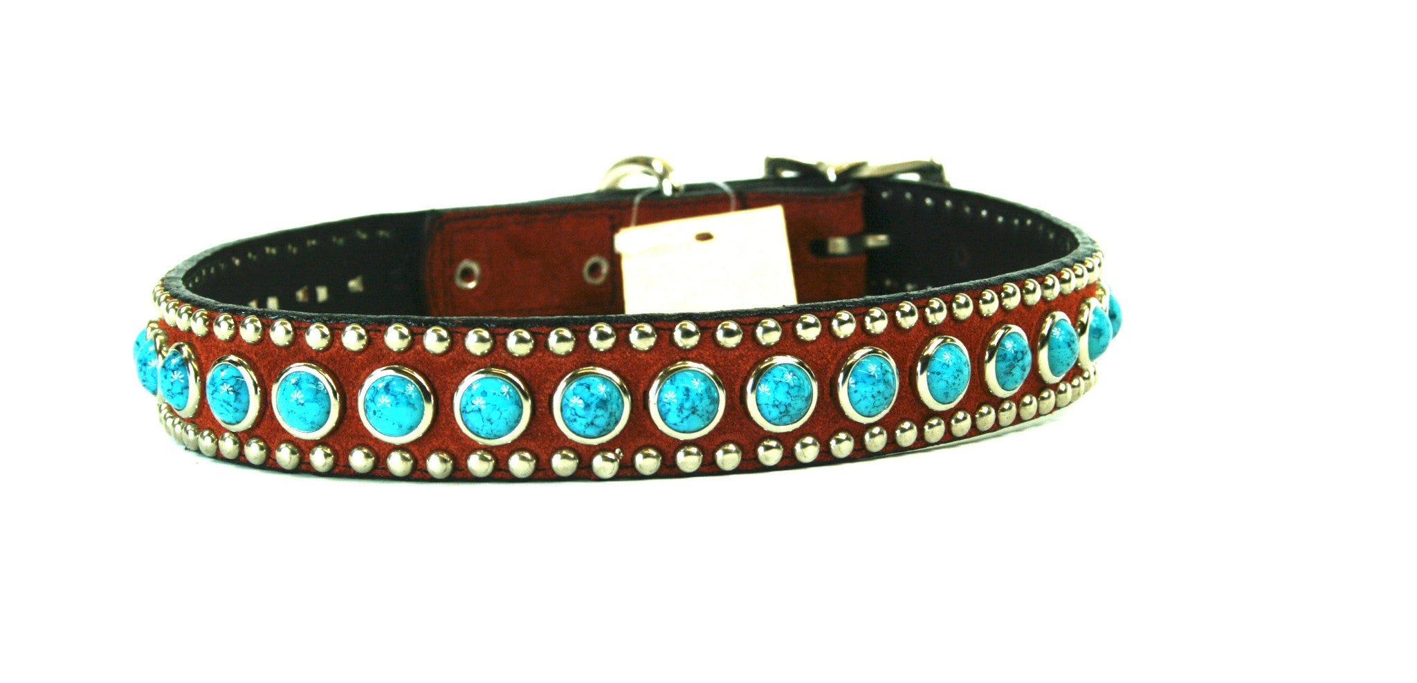 Rust Leather and Turquoise Stone 3/4 Inch Dog Collar , Dog Collar - RockStarDogCollars