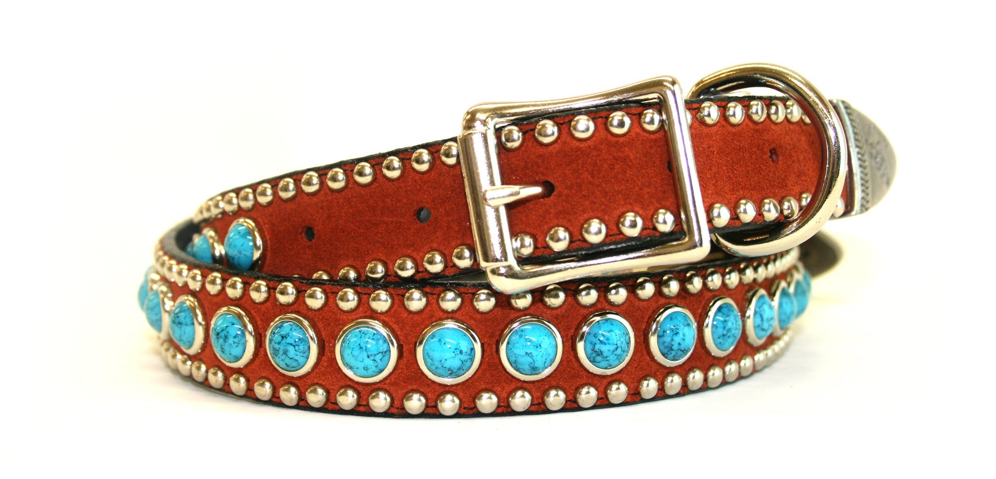 Rust Leather and Turquoise Stone 3/4 Inch Dog Collar , Dog Collar - RockStarDogCollars