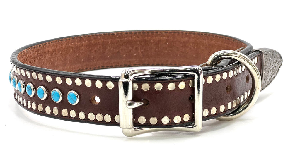 Brown Leather Dog Collar with Turquoise stones and nail head borders