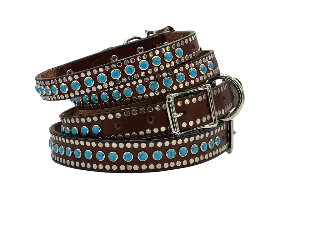 Leather dog collar with best sale turquoise stones