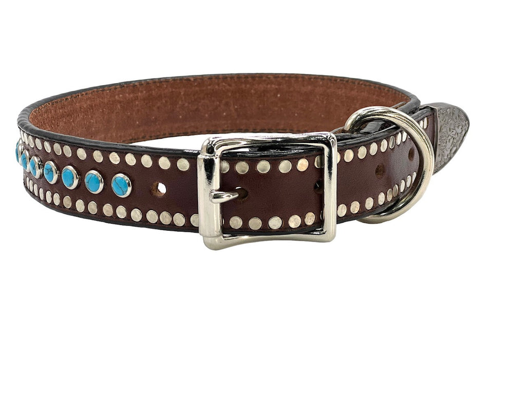 Brown Leather Dog Collar with Turquoise stones and nail head borders