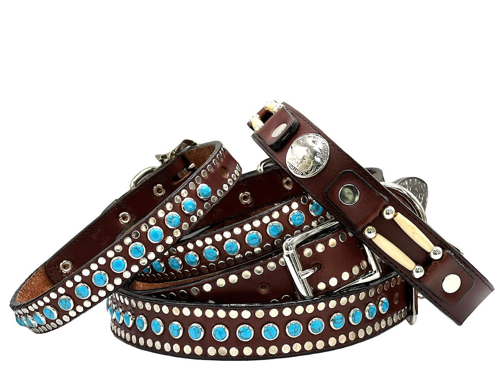 Brown Leather Dog Collar with Turquoise stones and nail head borders