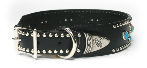 BLACK LEATHER EMBELLISHED WITH TURQUOISE ,  - RockStarDogCollars