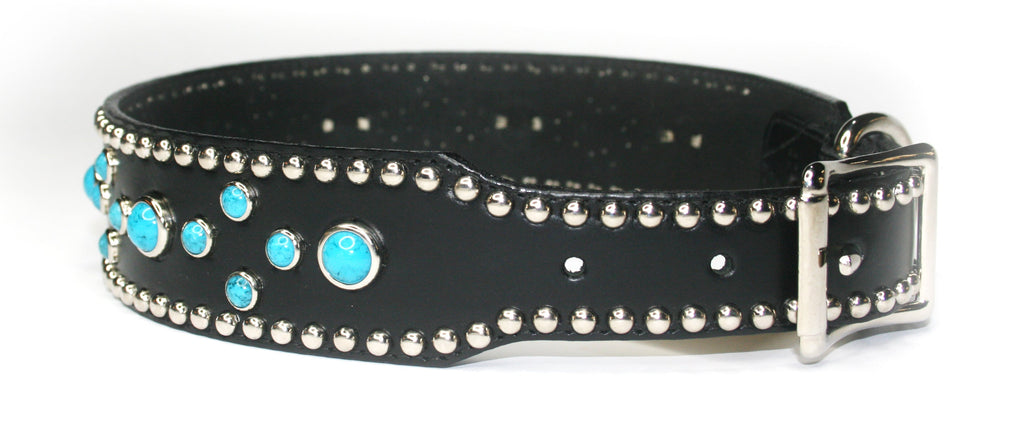 BLACK LEATHER EMBELLISHED WITH TURQUOISE ,  - RockStarDogCollars