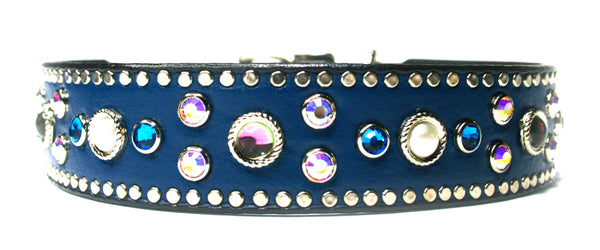 BLUE LEATHER DESIGNER COLLAR WITH PEARLS AND CRYSTALS , DOG COLLARS - RockStarDogCollars