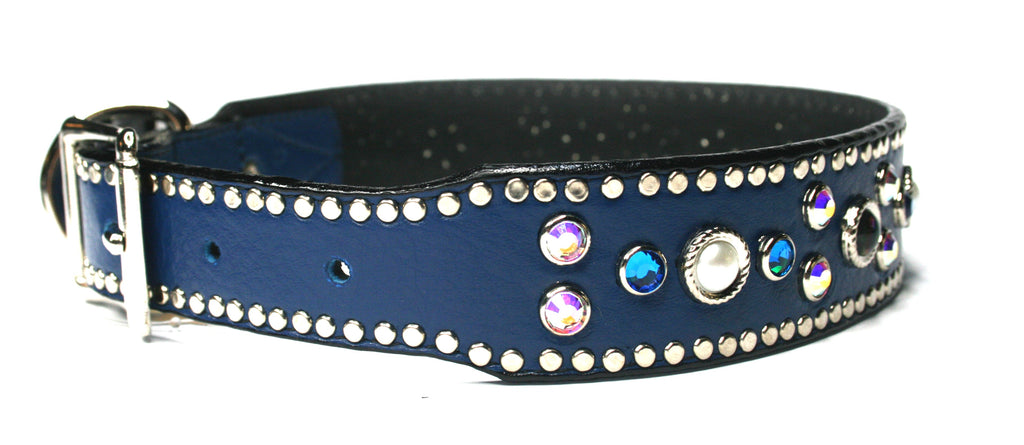 BLUE LEATHER DESIGNER COLLAR WITH PEARLS AND CRYSTALS , DOG COLLARS - RockStarDogCollars