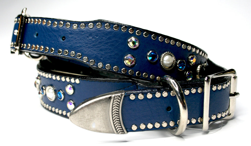 BLUE LEATHER DESIGNER COLLAR WITH PEARLS AND CRYSTALS , DOG COLLARS - RockStarDogCollars