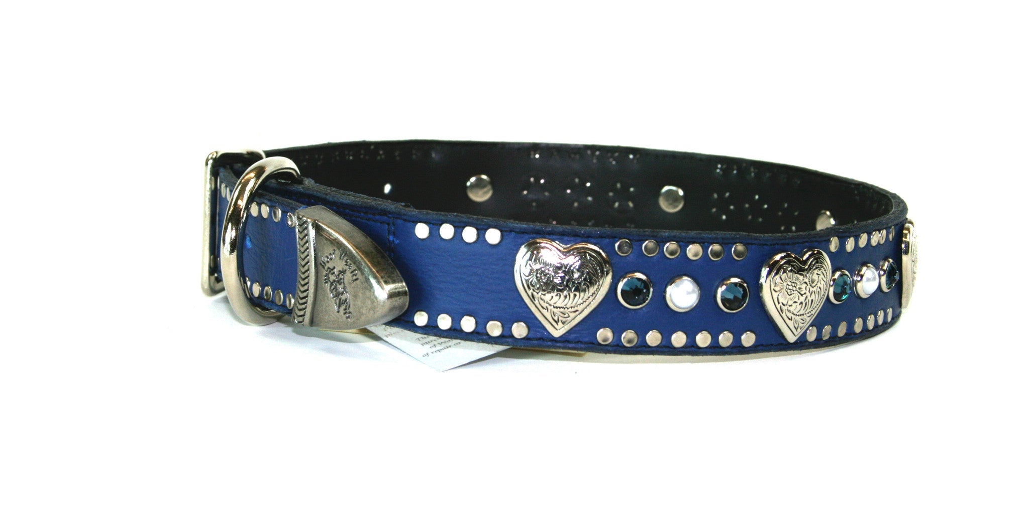 Blue Leather with Hearts and Crystals 1 Inch Dog Collar , Dog Collar - RockStarDogCollars