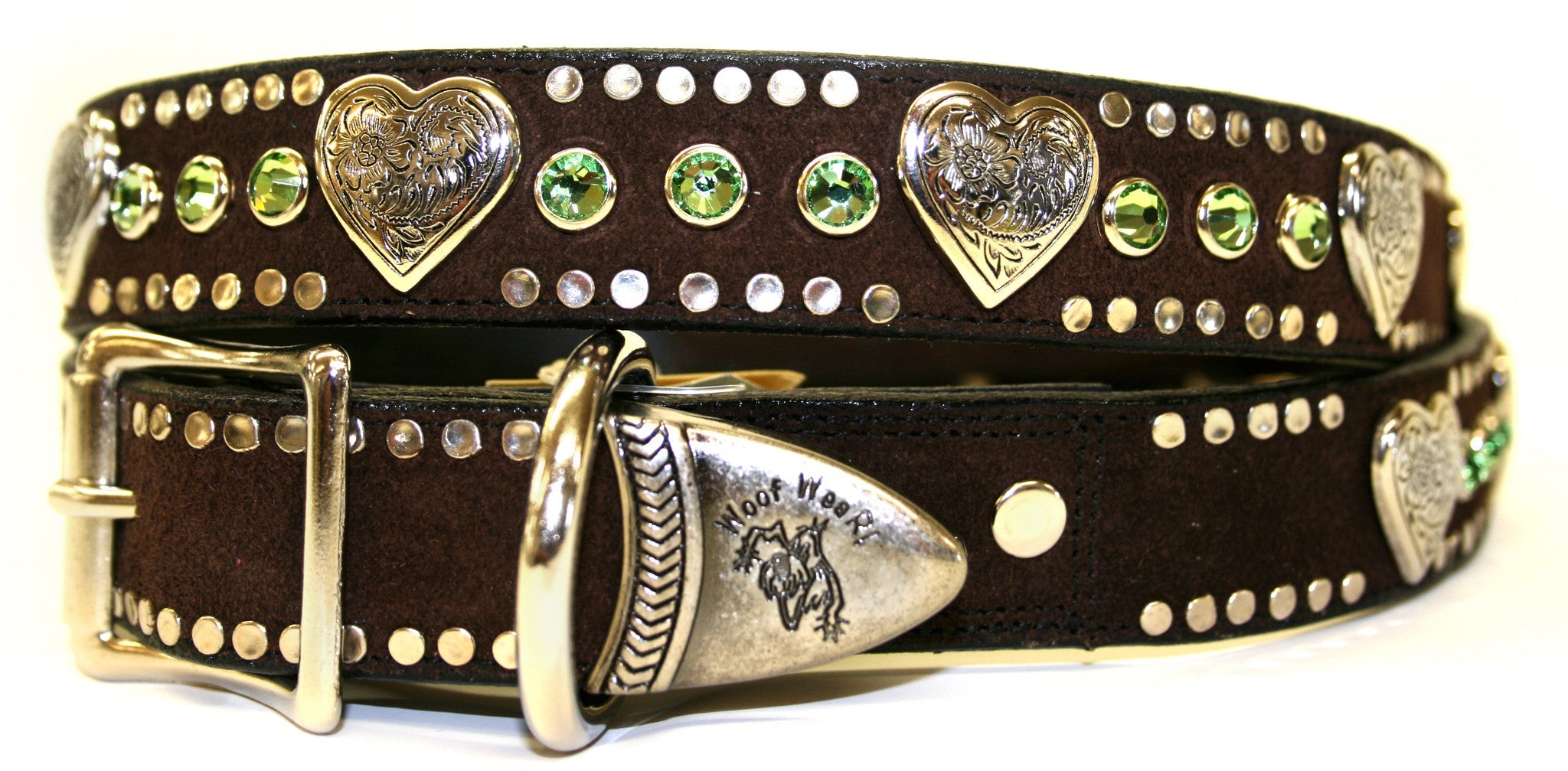 Brown Suede Collar with Hearts and Crystals , Dog Collar - RockStarDogCollars