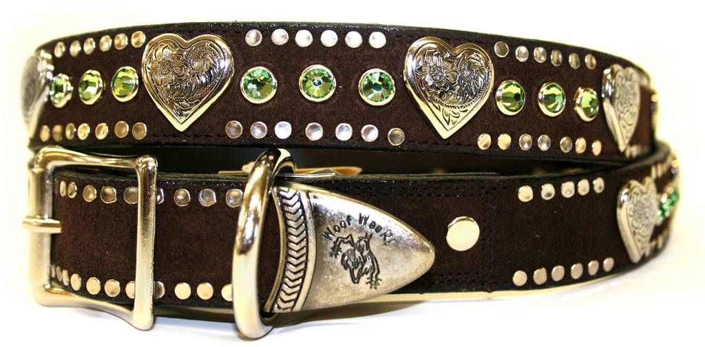 Brown Suede Collar with Hearts and Crystals , Dog Collar - RockStarDogCollars