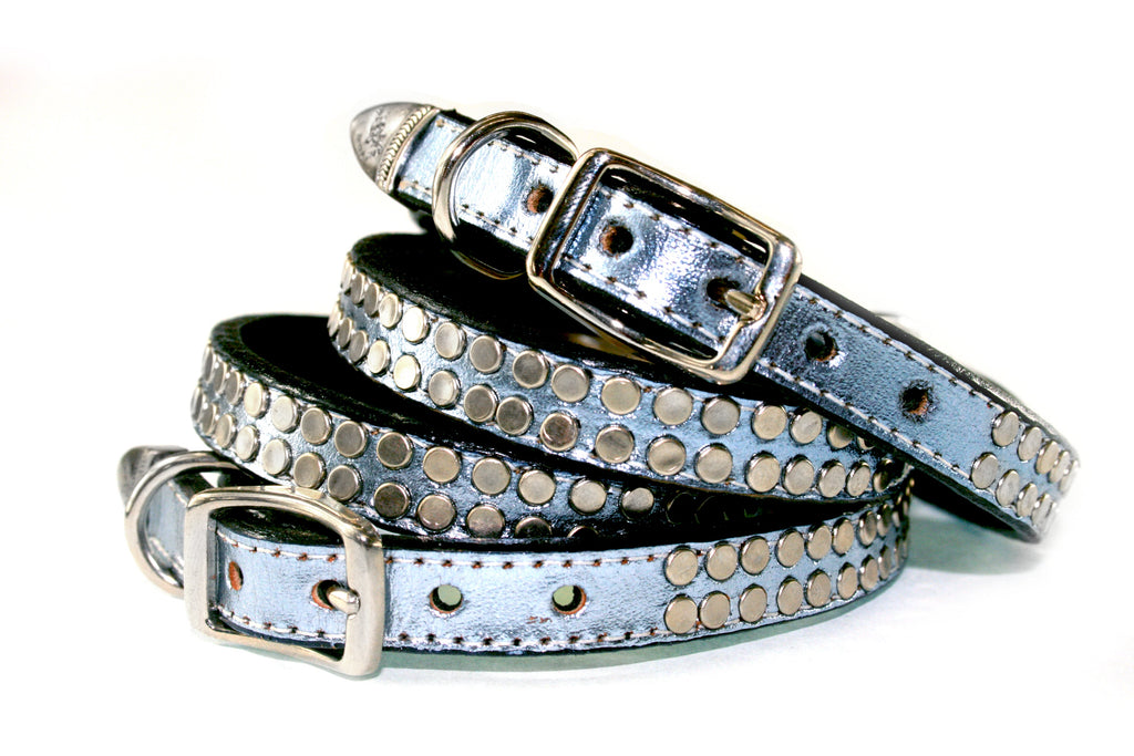 Ice Blue metallic Italian leather embellished with studs , DOG COLLARS - RockStarDogCollars