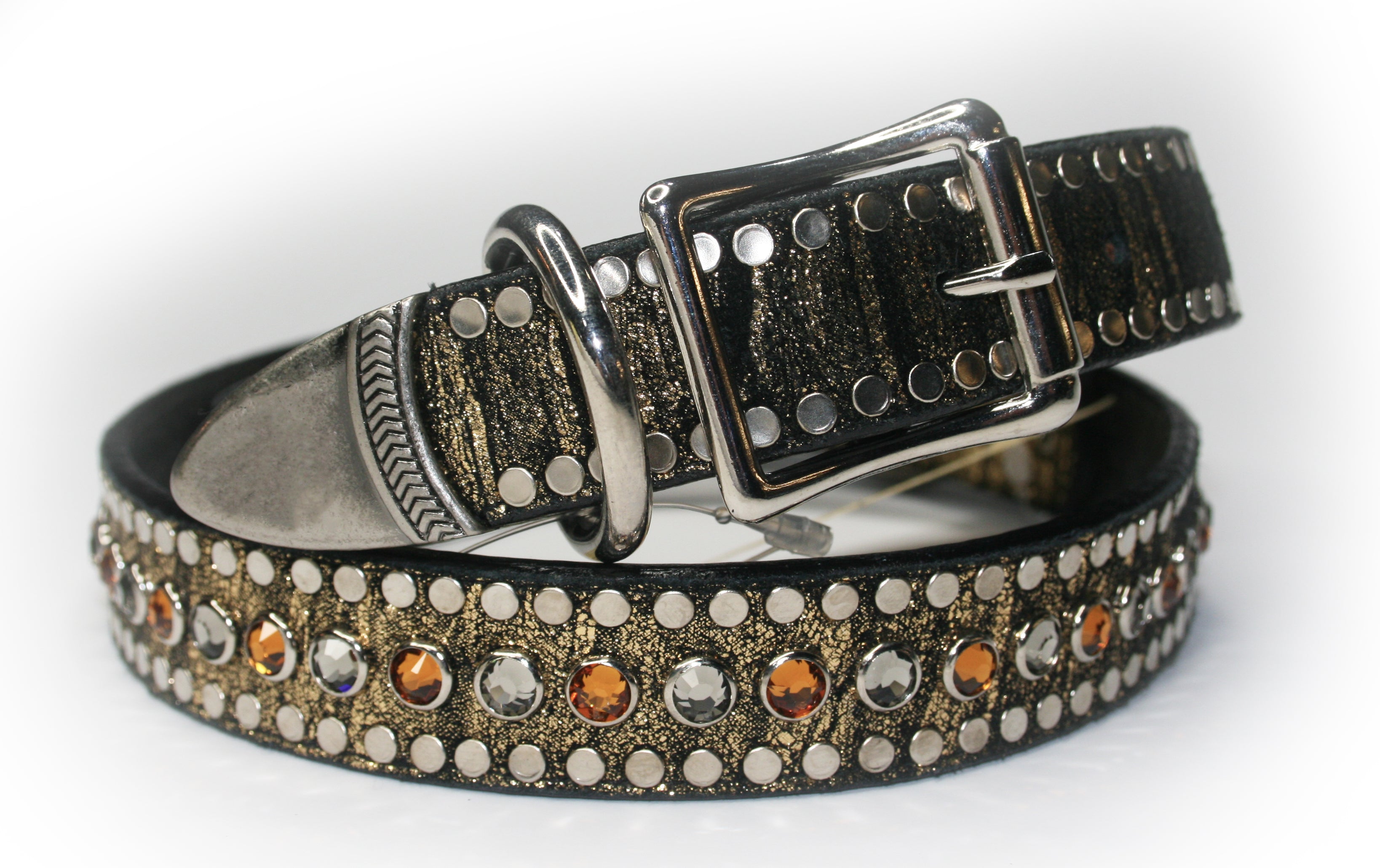 GOLD METALLIC BLACK SUEDE AND SWAROVSKI CRYSTALS , DOG COLLARS - RockStarDogCollars
