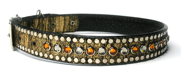 GOLD METALLIC BLACK SUEDE AND SWAROVSKI CRYSTALS , DOG COLLARS - RockStarDogCollars