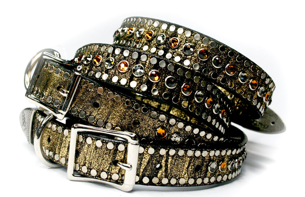 GOLD METALLIC BLACK SUEDE AND SWAROVSKI CRYSTALS , DOG COLLARS - RockStarDogCollars