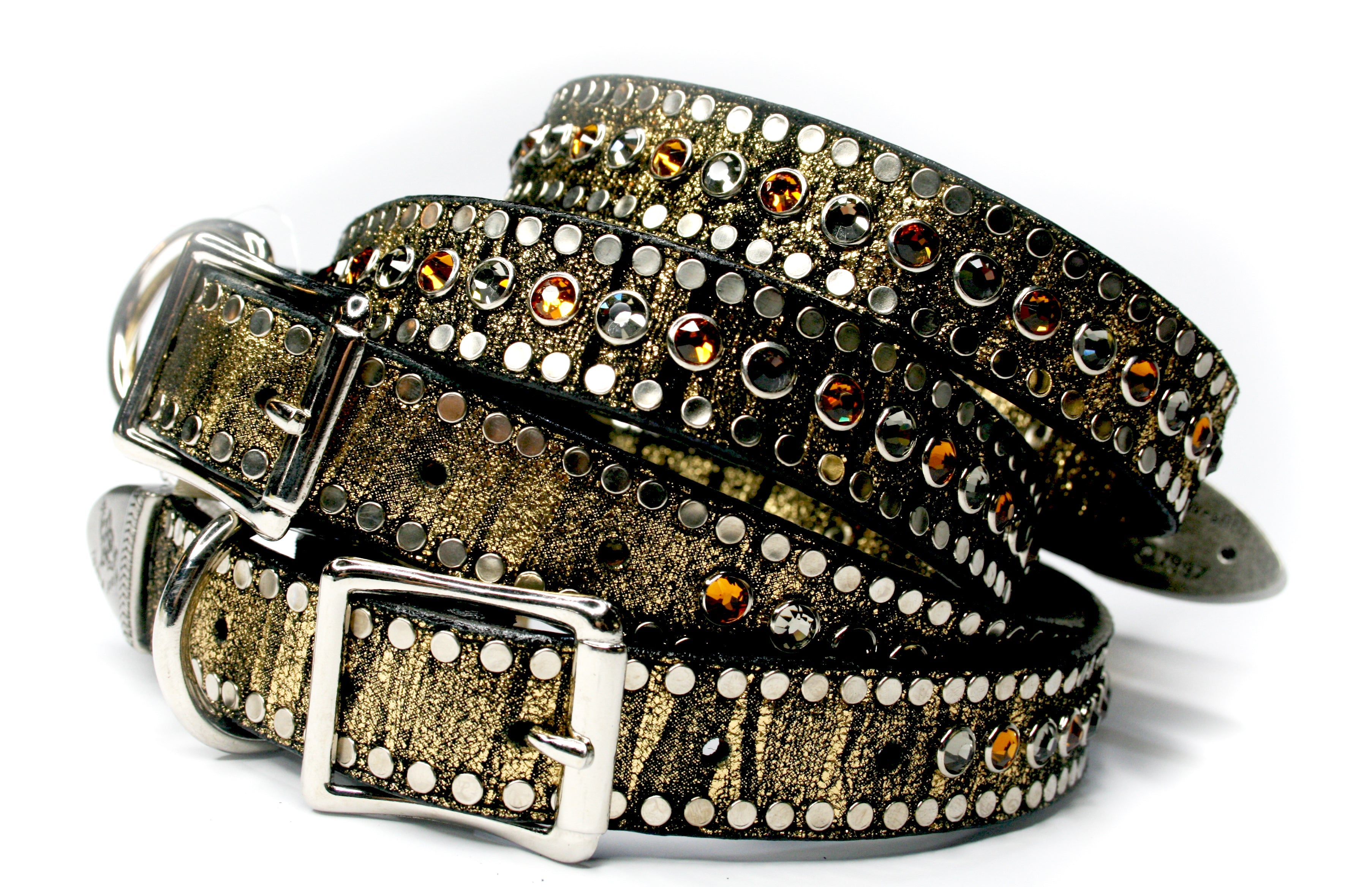 GOLD METALLIC BLACK SUEDE AND SWAROVSKI CRYSTALS , DOG COLLARS - RockStarDogCollars