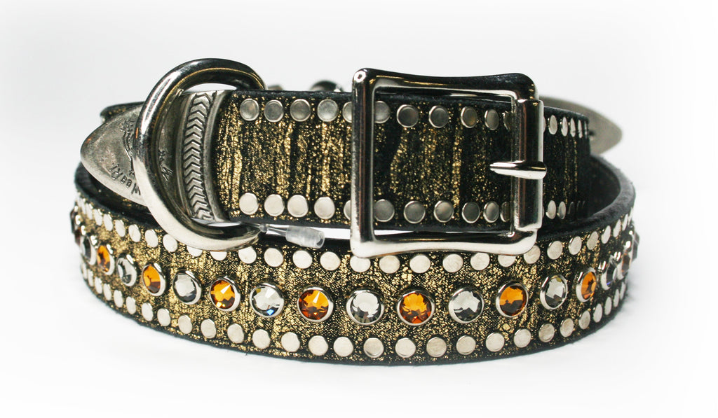 GOLD METALLIC BLACK SUEDE AND SWAROVSKI CRYSTALS , DOG COLLARS - RockStarDogCollars