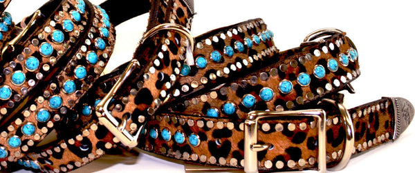 Leopard leather collar with turquoise stones and metal nail heads , Dog Collar - RockStarDogCollars