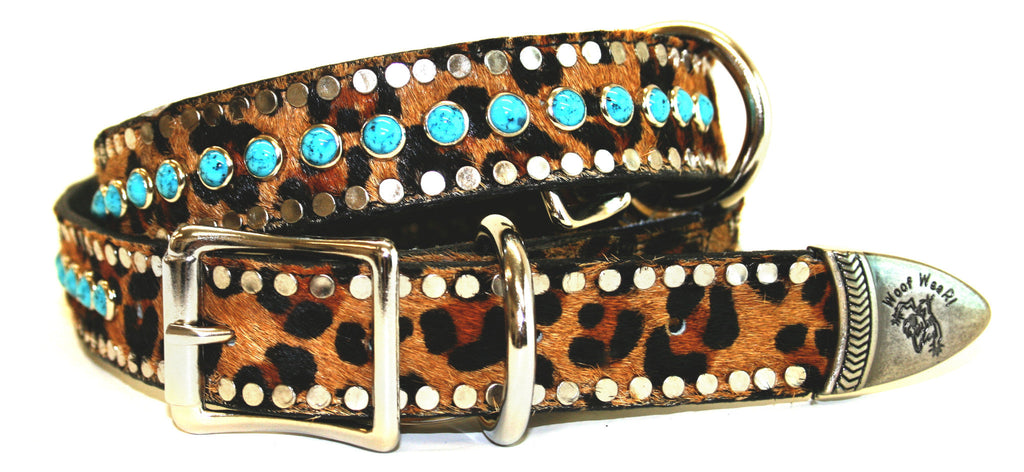 Leopard leather collar with turquoise stones and metal nail heads , Dog Collar - RockStarDogCollars