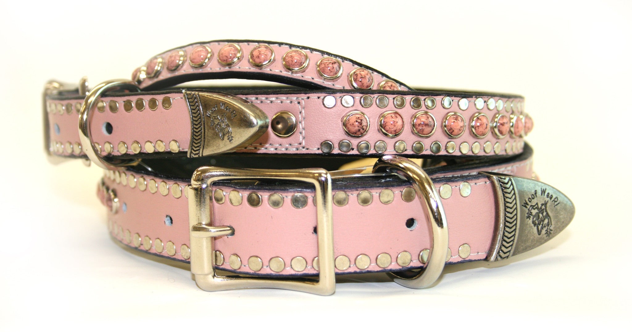 Pink Leather with salmon turquoise stones 3/4 Inch , Dog Collar - RockStarDogCollars