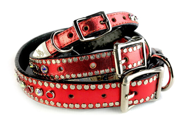 CHARMING RED METALLIC LEATHER COLLAR WITH SWAROVSKI CRYSTALS ,  - RockStarDogCollars