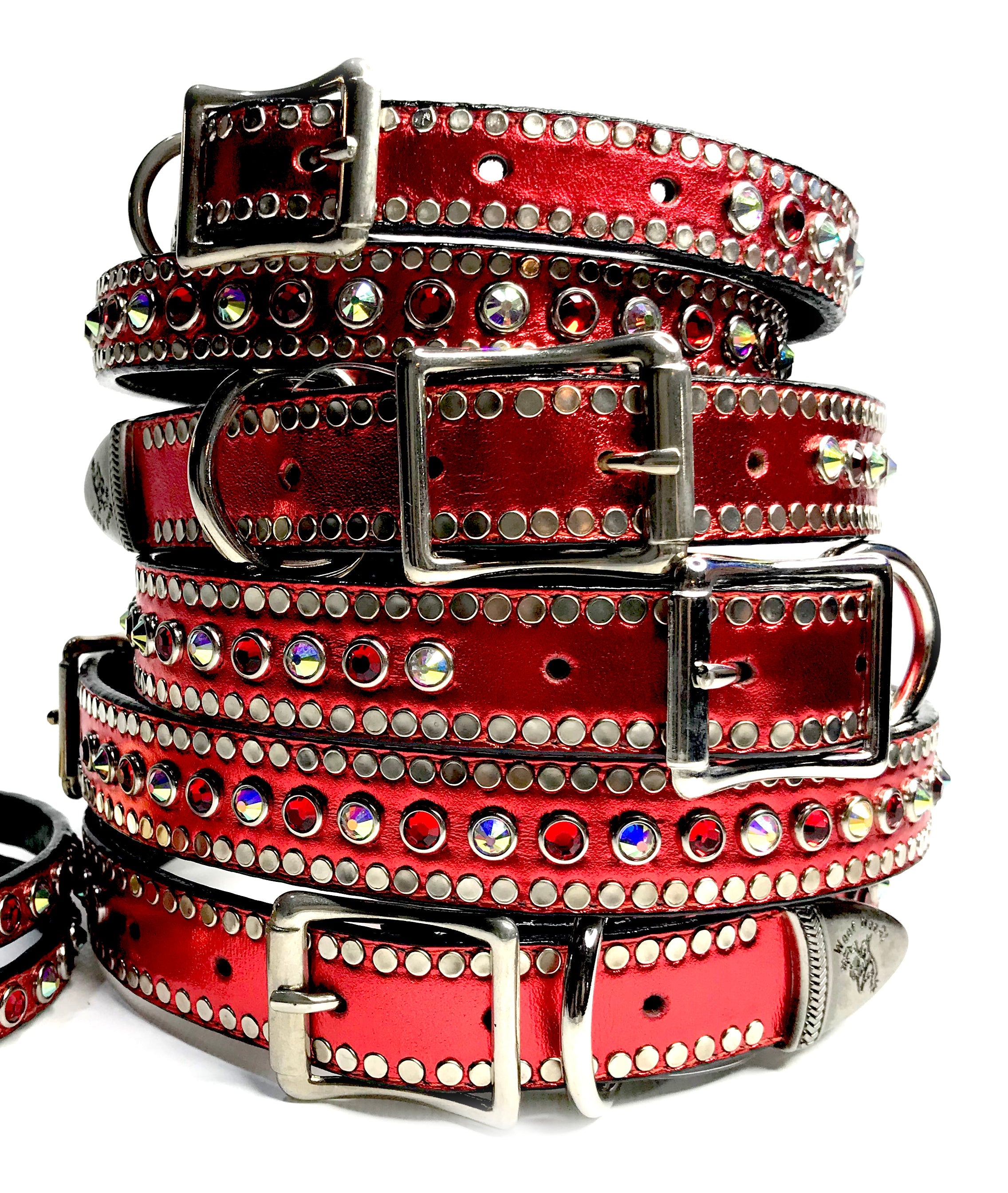 CHARMING RED METALLIC LEATHER COLLAR WITH SWAROVSKI CRYSTALS ,  - RockStarDogCollars