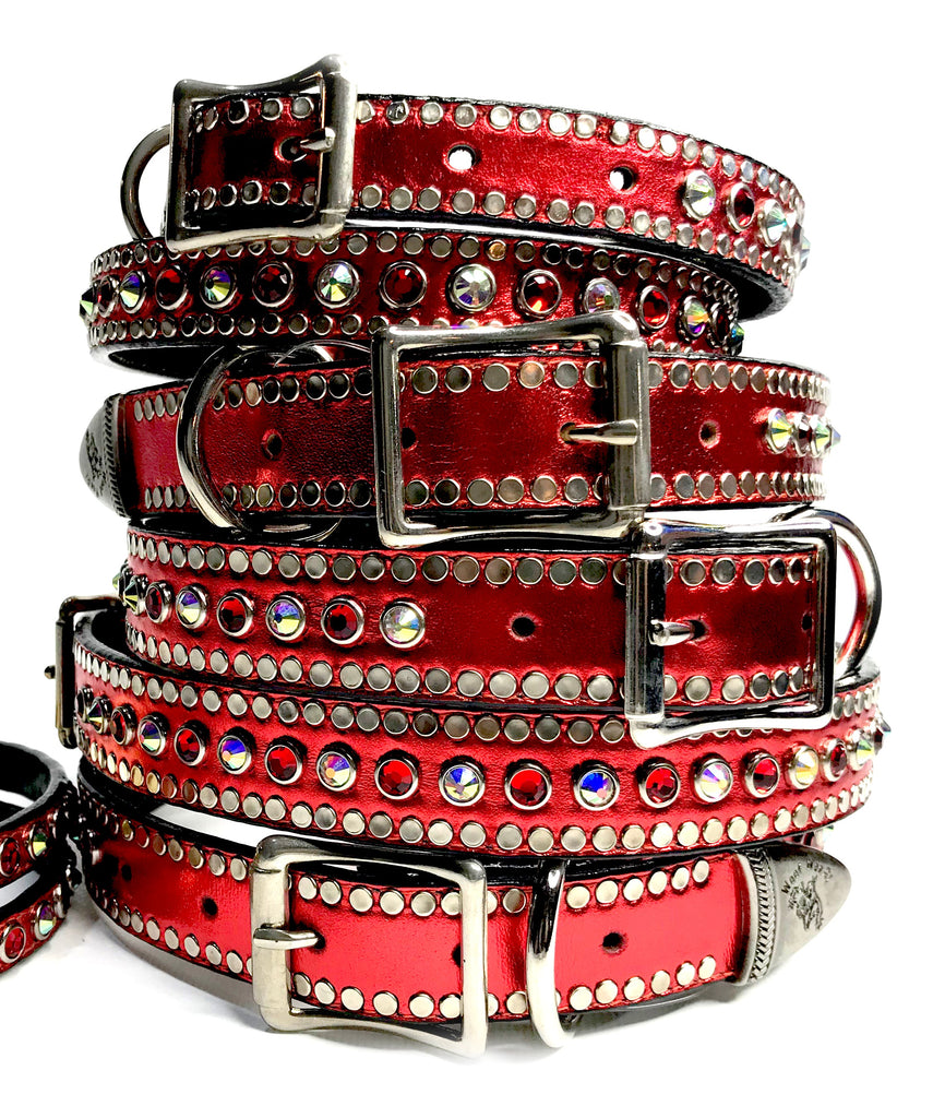 CHARMING RED METALLIC LEATHER COLLAR WITH SWAROVSKI CRYSTALS ,  - RockStarDogCollars