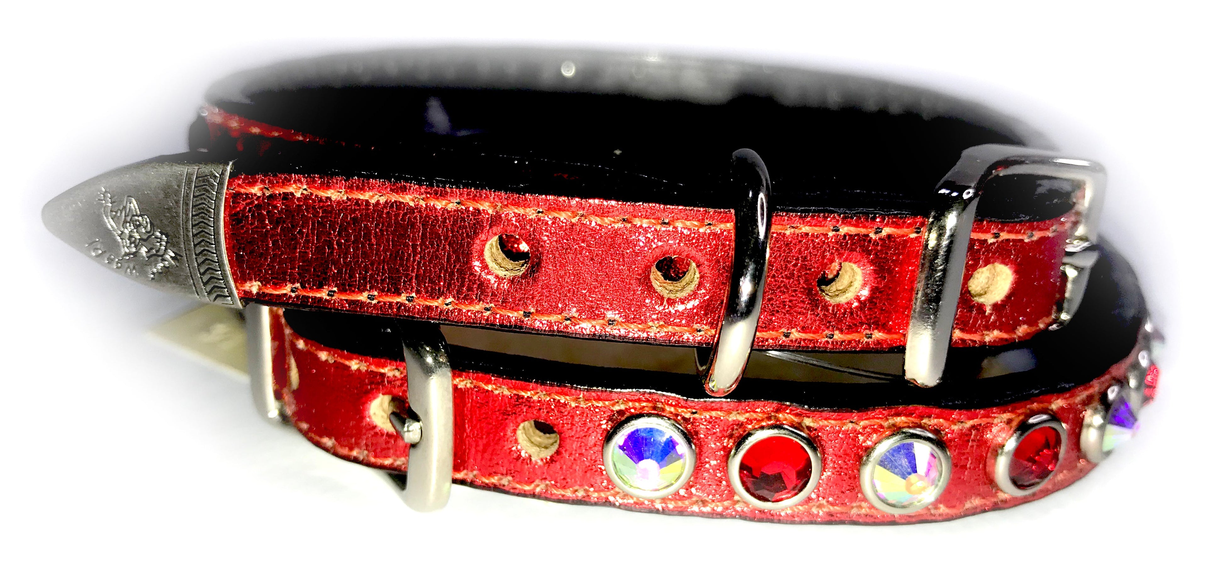CHARMING RED METALLIC LEATHER COLLAR WITH SWAROVSKI CRYSTALS ,  - RockStarDogCollars