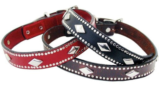 Burgundy leather collar with metal diamond stud design , Dog Collar - RockStarDogCollars